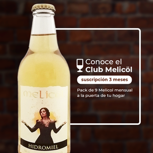 La imagen destaca una botella de hidromiel Melicol con una etiqueta que presenta a una mujer con los brazos abiertos. En la parte superior derecha, hay un cuadro de texto que invita a conocer el "Club Melicol" y ofrece una suscripción de 3 meses, con un pack de 9 botellas de Melicol entregadas mensualmente a domicilio. El fondo muestra una pared de ladrillo borrosa que da un aspecto cálido y acogedor al anuncio.